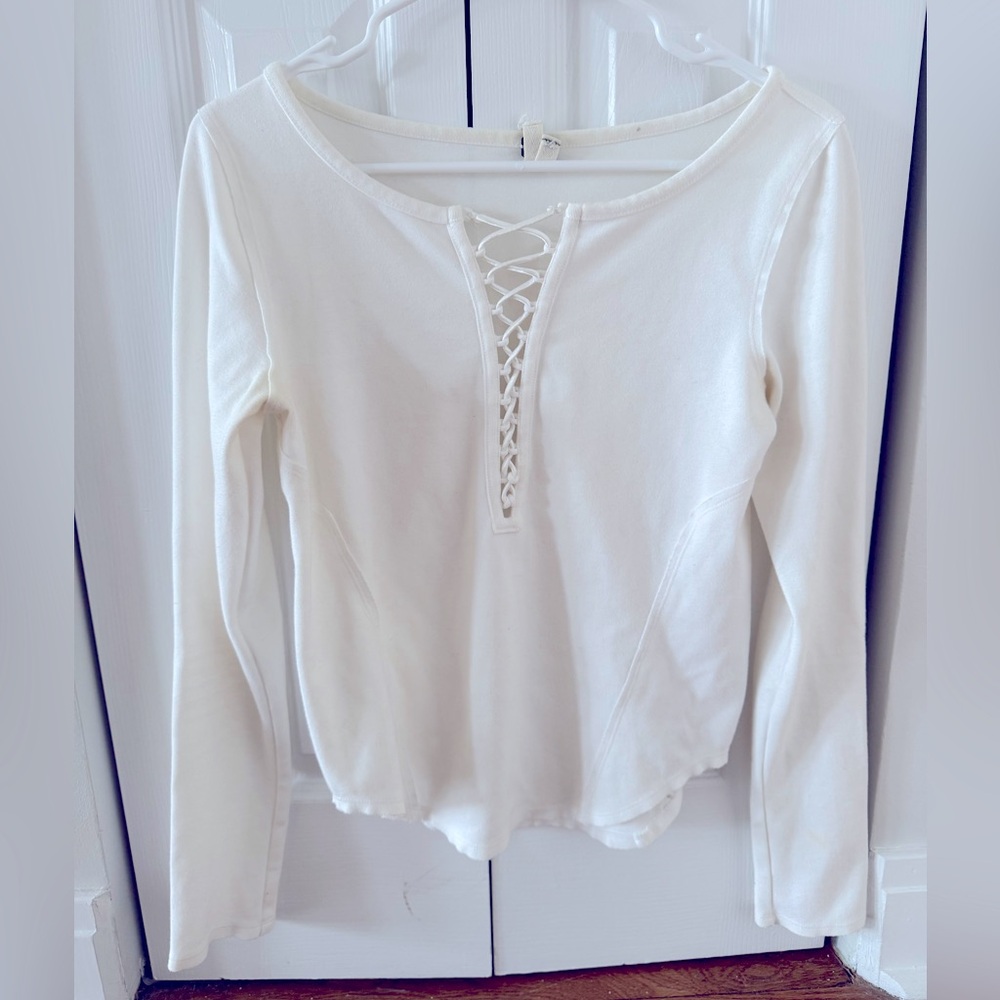 FREE PEOPLE Women's Jacqui Lace Up Front Long Sleeve Top Size S in White